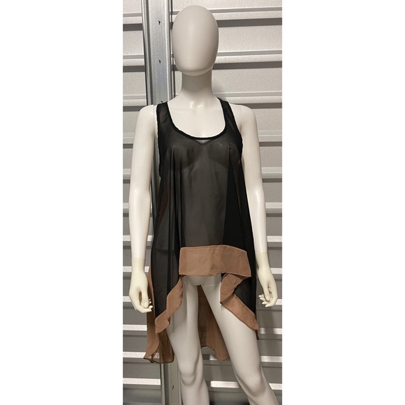 Tan Brown & Black Sheer High Low Umbrella Coverup Top - Picture 3 of 8